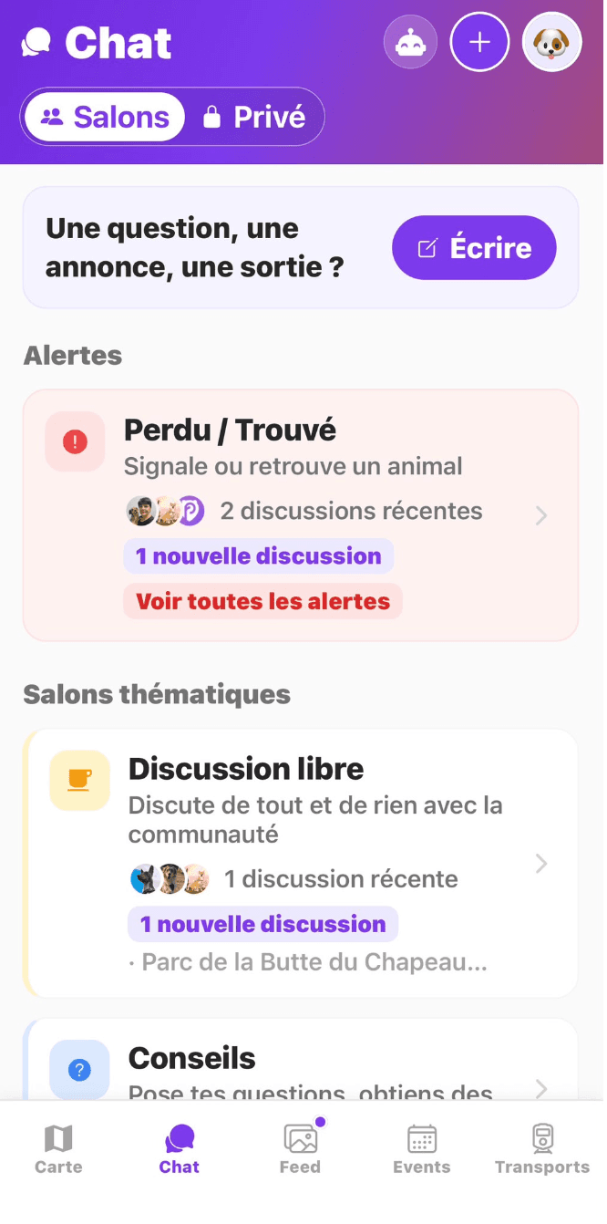 Salons de discussion, dont Perdu / Trouvé pour signaler ou retrouver un animal