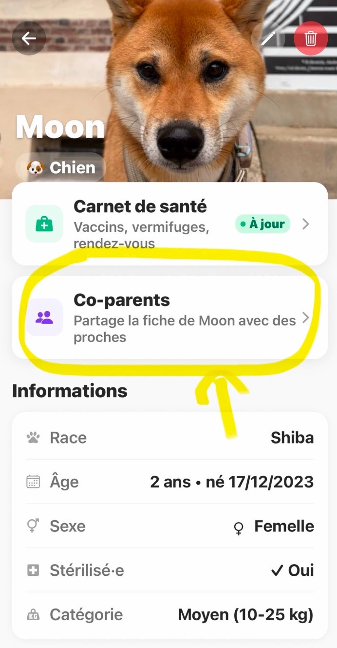 Fiche de Moon avec co-parents et carnet de santé